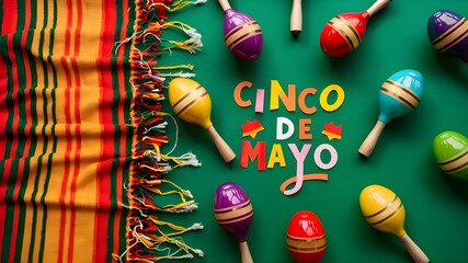 Cinco de Mayo Holiday Background: Maracas, Mexican Blanket Stripes on Green
