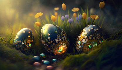 Conjuring the essence of Easter with a fantastical image of Easter eggs hidden nestled in emerald green grass, shining under the warm golden rays of dawn, in a realm full of wonder and happiness.
