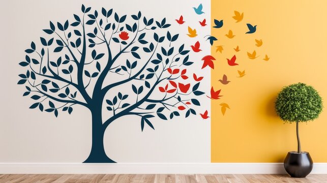 A minimalist family tree mural on a bright wall depicting multiple generations with simple
