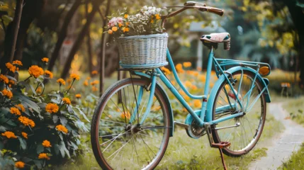 Outdoor kussens White lady's bicycle with a beautiful flower basket on front. © Nim