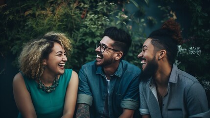 Diverse friends laughing in vibrant teal background