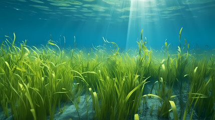 Fototapeta na wymiar Sunlight shining through underwater landscape and seabed covered with green seaweed