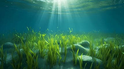 Fototapeta na wymiar Sunlight shining through underwater landscape and seabed covered with green seaweed