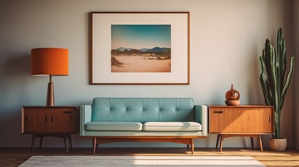 Mid-Century Modern Living Room with Retro Furniture and Framed Wall Art Mockup
