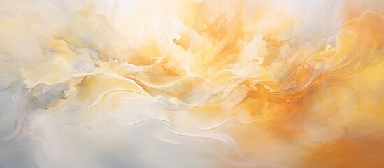 An artistic closeup of a peach flower painting on a white canvas, capturing the delicate tints and shades. The cumulus clouds in the amber sky reflect in the artwork, creating a serene atmosphere