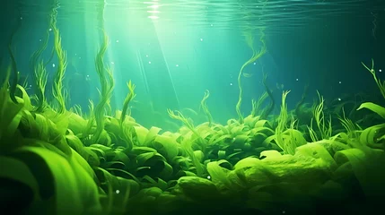 Wall murals Green Coral Sunlight shining through underwater landscape and seabed covered with green seaweed