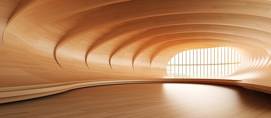 A wooden tunnel with a window in the middle, featuring hardwood flooring stained with varnish in...