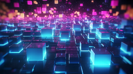 Obraz premium Colorful cubes, blockchain new technology transmission with digital background