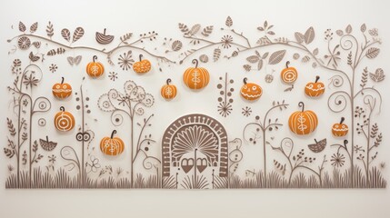 Paper cut pumpkin patch autumn oranges detailed vines paper cut paper art minimal cute