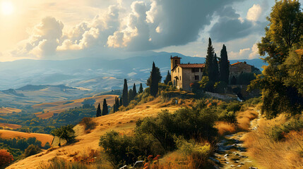 Illustration with a beautiful view of the hills of Tuscany, Italy Generative AI