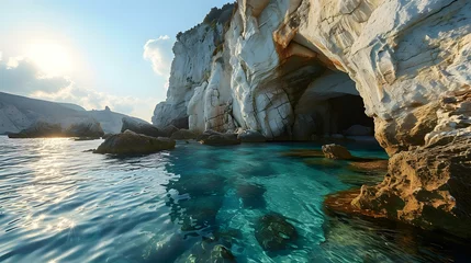 Store enrouleur tamisant sans perçage Europe méditerranéenne Kleftiko Bay, a scenic attraction with white volcanic rocks and caves Milos Island, Greece