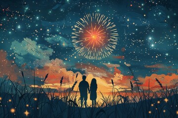 Simplistic paper cut of a couple watching fireworks