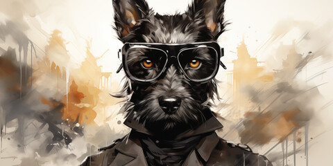 a drawing of a terrier dog wearing glasses - obrazy, fototapety, plakaty