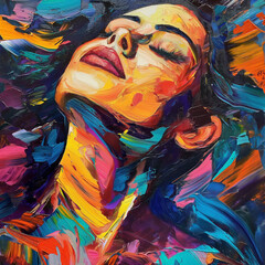 Vibrant Expressionist Painting of a Woman Embracing Euphoria amidst Color Swirls