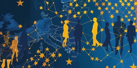 European Union Connectivity, Network of People, Intricate Star Patterns, Dark Background, Dynamic Graphic