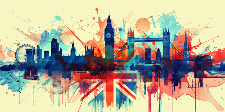 Colorful Abstract Art of London Landmarks with Paint Splashes and Brush Strokes