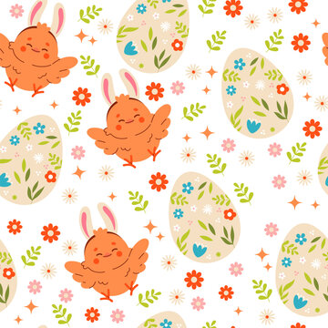 Seamless easter pattern with cute chicken and eggs. Easter seamless pattern, Easter symbol, decorative vector elements. Easter colored simple pattern.