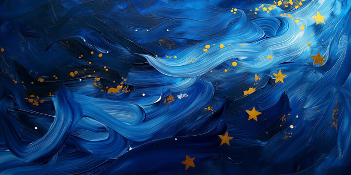 Starry Night Inspired Abstract Art with Swirling Blue Patterns and Golden Accents, European Union Concept, EU