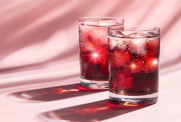two glasses of red soda with ice cubes on a pink background