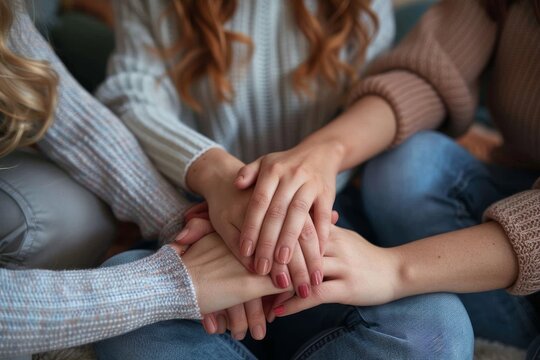 This warm image shows a close-knit circle of friends holding hands, sharing a moment of encouragement and solidarity