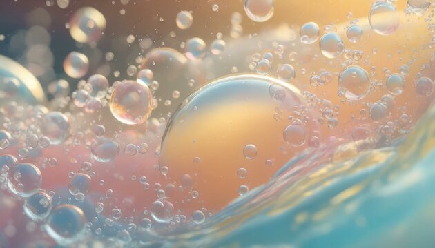 Beautiful background image of water and bubbles floating. Pastel colored soapy liquid with soothing colors. calming and peaceful waves.