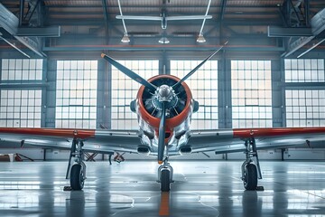 A commercial airliner parked in a hangar highlighting the facilitys size Antique propeller fighter plane in a museum. Concept Airliner in Hangar, Hangar Size, Vintage Fighter Plane, Museum Display - obrazy, fototapety, plakaty