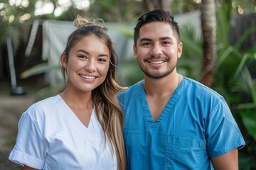 Fototapeta premium Two smiling healthcare workers in scrubs with a natural backdrop, portraying professionalism