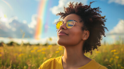 Happy young black woman breathing fresh air outdoors in nature. African american female meditating outside practicing wellness meditating deep breathing. Blue sky and rainbow. Inclusive pride - Powered by Adobe