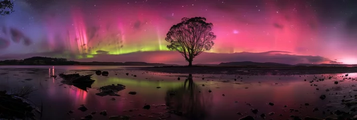 Fotobehang A Single Epic Tree under Aurora Borealis Background created with Generative AI Technology © Generative Plants