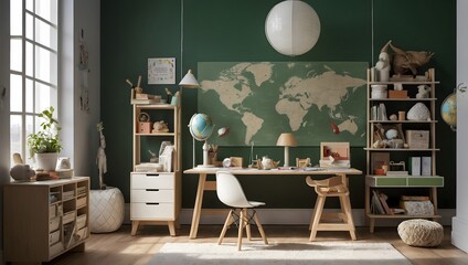 Explorer's Cove: Educational Kids' Room with World Map and Creative Elements