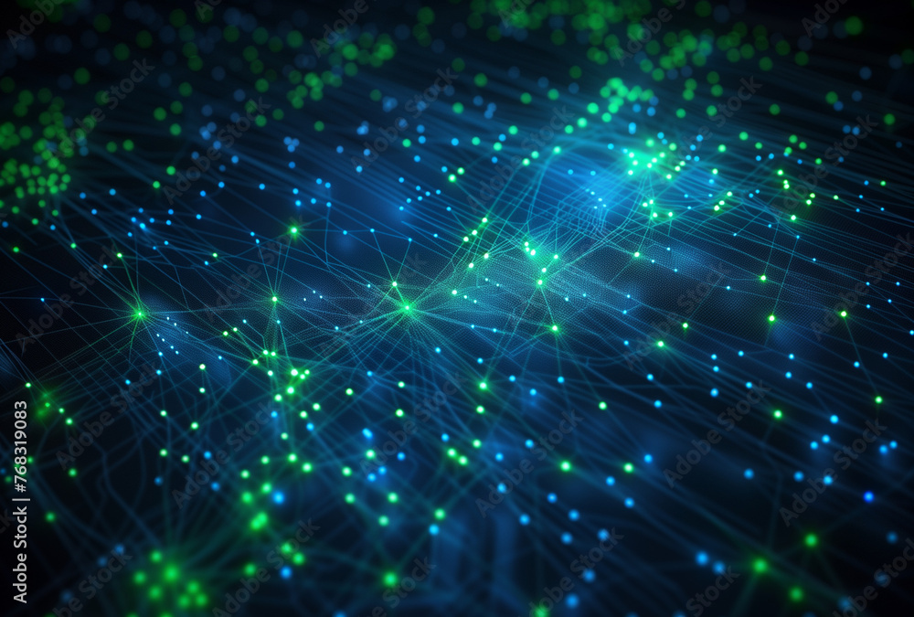 Fototapete blue and green lines with luminous connections and nodes forming a complex network symbolizing globa