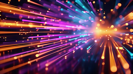 Digital Photorealistic Background with Shining Multicolored Particles in Linear Motion on long exposure and dark background. Scientific technological networking capabilities. - obrazy, fototapety, plakaty