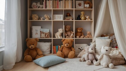 Fototapeta na wymiar Child's Haven: Cozy and Whimsical Kids' Room with Plush Toy Collection