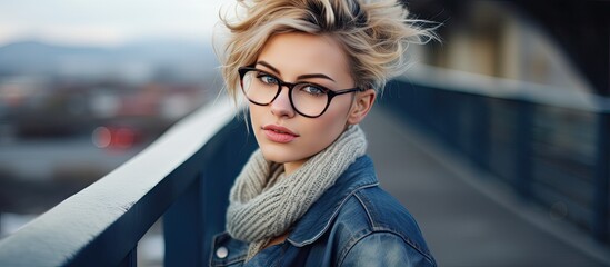 A stylish woman with glasses and a scarf stands on a bridge with a smile. Her electric blue eyewear complements her fashion accessory. She enjoys the view during her travel - obrazy, fototapety, plakaty