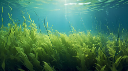 Fototapeta na wymiar Green bright algae growing underwater