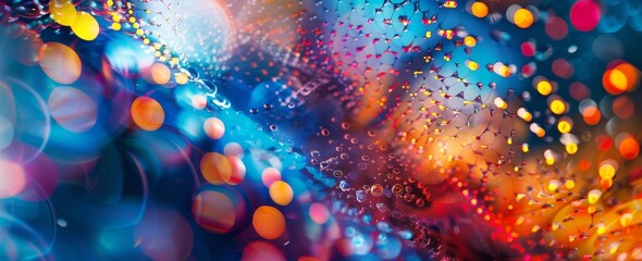 Vivid abstract background featuring bokeh lights and geometric patterns, merging warm and cool tones for a vibrant and dynamic visual effect. - obrazy, fototapety, plakaty