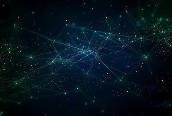 Blue and Green Connectivity Network with luminous connections and nodes forming a complex network symbolizing global interconnectivity in the world of blockchain technology: Futuristic Concept