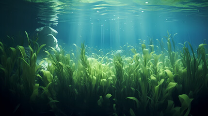 Fototapeta premium Green bright algae growing underwater