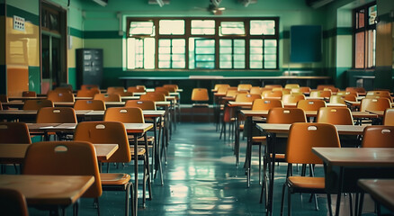 Empty Vintage Classroom Interior with Wooden Furniture: Chairs and Desks. Korean vintage classroom.