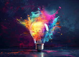 Inspired Illumination: Bursting Light Bulb with Colorful Paint on Dark Backdrop