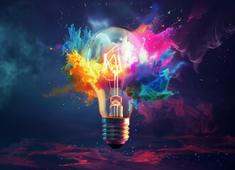 Vibrant Burst: Light Bulb Explodes into Colorful Paint Splatters. Creative Idea Concept.