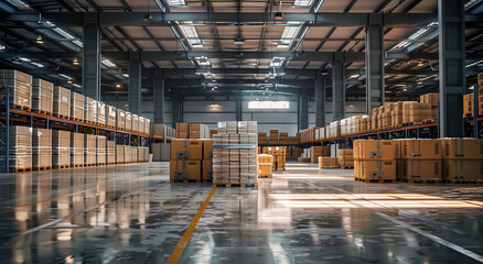 A large lighted warehouse, with shelves filled with crates of merchandise. Future-Proof Retail Warehouses: Industry 4.0 Process.
