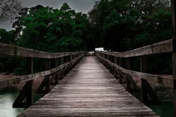Fototapeta na wymiar wooden bridge over the river dark green forest dark gloomy concept