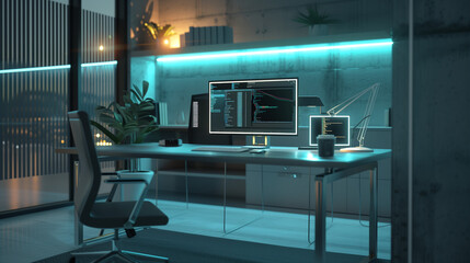 Interior of a modern office. Futuristic Office at Night: Modern Workplace with Turquoise and Orange Backlight
