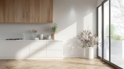 Modern Home Interior Design: Minimalist White Kitchen with Panoramic Sunlit Windows. Modern minimalist home interior design with clean lines, elegant furniture.