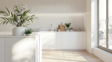 Fototapeta na wymiar Minimalist White Kitchen with Bouquets and Green Plants, Flooded with Sunlight. Modern minimalist home interior design with clean lines, elegant furniture.