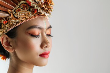 Profile shot of a woman in traditional Balinese dance costume, with intricate makeup and headpiece