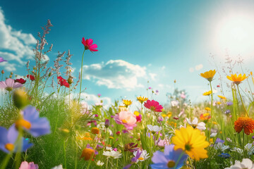 Полевые Цветы на фоне ясного неба и яркого солнца. Весеннее цветение: Иллюстрация луговых цветов