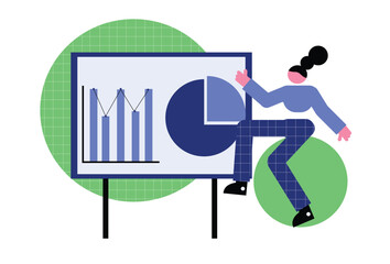 The vector image depicts a business character giving a business presentation