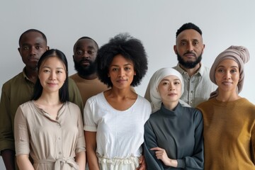 A group of seven diverse men and women standing, representing cultural diversity and inclusion